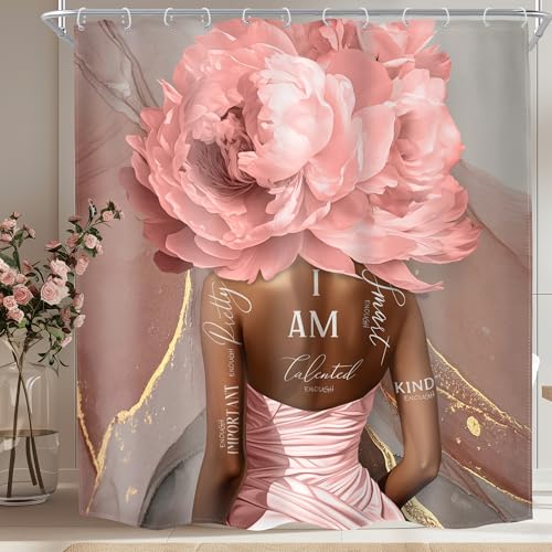 MESHELLY Pink Black African American Shower Curtain 72Wx72H Abstract Marble Black Girl Floral Flower Bathroom Curtain Positive Quotes Bath Curtain Cloth Fabric Bathroom Accessories Decor with 12 Hooks