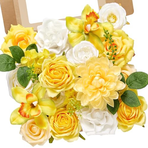 Alecono Artificial Flowers, Yellow Fake Spring Flowers Combo Box with Stems for DIY Wedding Cake, Party Table Centerpieces Home Decor