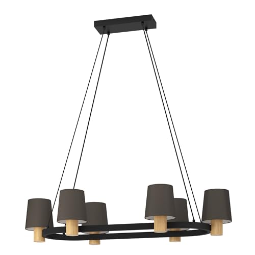 Eglo Chandelier Edale, 6 lamp Pendant Lighting, Oval Ceiling Light Fitting, Hanging lamp for Dining and Living Room, FSC100HB, Wood in Oak Finish and Cappuccino Coloured Fabric, E27 Socket