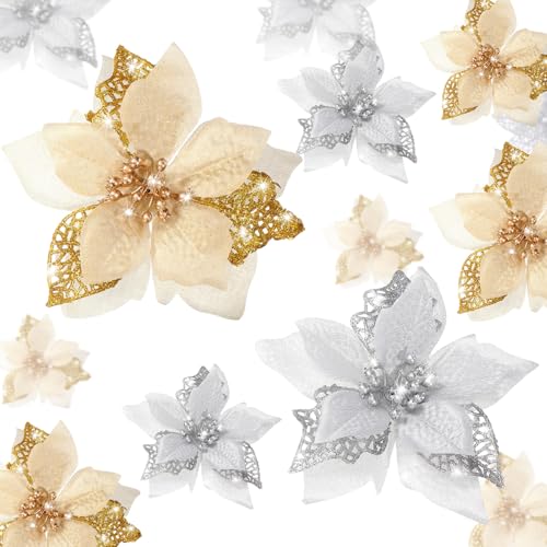Boao 24 Pieces Christmas Artificial Glitter Poinsettia Flowers Xmas Flowers Wedding Christmas Tree New Year Ornaments (Gold and Silver)