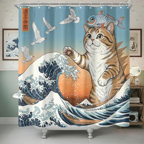 Kanuyee Japanese Wave Cat Shower Curtain, Water-Repellent Bathroom Decor with Plastic Hooks, Funny Ocean Tale Home Decor 72x72 Inch.
