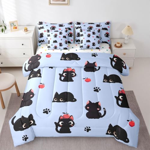 Erosebridal Cute Black Cats Twin Size Comforter Set with Sheets for Kids Girls Teens - Cartoon Black Cats 7-Piece Bedding Set Lovely Cat Paw Print Bed in a Bag Kawaii Animal Cat Bed Quilt Sets