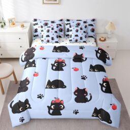 Erosebridal Cute Black Cats Twin Size Comforter Set with Sheets for Kids Girls Teens - Cartoon Black Cats 7-Piece Bedding Set Lovely Cat Paw Print Bed in a Bag Kawaii Animal Cat Bed Quilt Sets