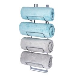 LIVIVO 4 Tier Chrome Over Door Towel Rail - Rust-Resistant Bathroom Towel Storage, Bath Towel Storage with 2 Hooks & Foldable Shelves - Space-Saving Bathroom Towel Rack Storage