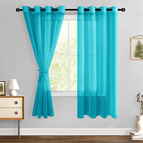 Hiasan Sheer Curtains 72 Inches Long with Tiebacks, Light Filtering Airy Breathable Grommet Voile Window Curtains for Living Room, Bedroom, Kids' Room, Turquoise, W52 x L72, Set of 2 Drape Panels