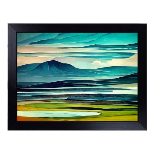 Lap Tray with Bean Bag Cushion, Abstract Mountain Landscape - Handmade in the UK, Raised Wooden Edge, Padded Cushion, Heat-Resistant Wipe-Clean Surface, for Meals, Laptops and Crafts