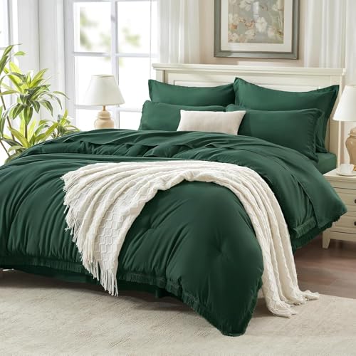 Andency Oversized King Comforter Set Dark Emerald Green 120x98-7 Piece Boho Tassel Bed in a Bag Soft Lightweight Bedding Set, Rust Fringe All Season Bed Set with Comforter, Sheets, Pillowcases & Shams