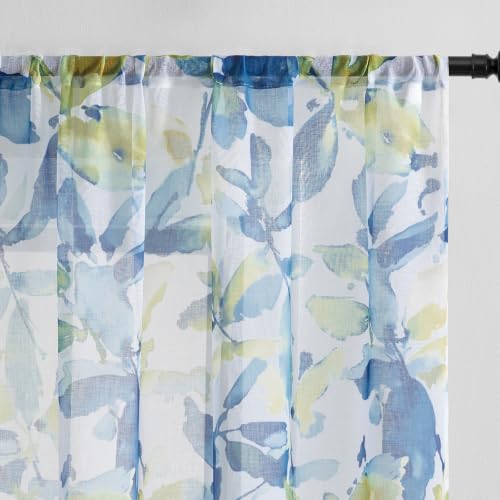 Conkov Farmhouse Sheer Curtains 84 Inch Length for Living Room 2 Panels - Boho Style Leaf Print Window Treatment Light Filtering Curtain Drapes for Bedroom with Rod Pocket, 50 x 84, Blue
