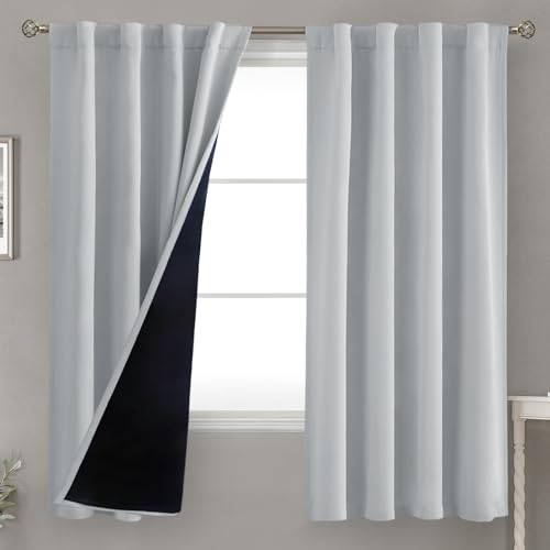 BGment Light Grey 100% Blackout Curtains 63 Inches Long with Thermal Insulated Liner, Rod Pocket and Back Tab Double Layer Full Room Darkening Window Curtain for Bedroom, 2 Panels,Each 38 x 63 Inch