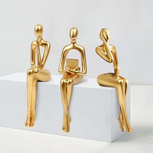 RIRPUAE 3pcs Gold Decor Thinker Statue, Resin Abstract Man Cutout Art Action Statue Coffee Table Decor for Home Living Room Study Office Bookshelf Ornament