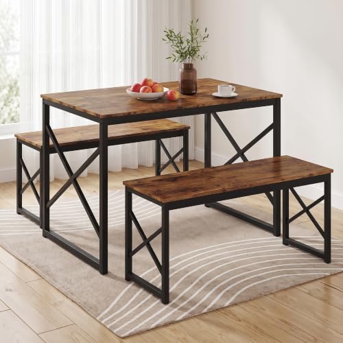 VECELO 3 Piece Dining Table Set, 110cm Wooden Kitchen Table with 2 Benches, Industrial Design, Space Saving, Steel Frame, for Small Spaces, Dining Room, Home and Apartment, Rustic Brown