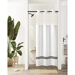 "River Dream Stall Shower Curtain with Snap in Liner,No Hooks Needed Shower Curtain for Bathroom,Hotel Grade,Machine Washable,36"" W×74"" H,White,with Black Stripe and Magnets"