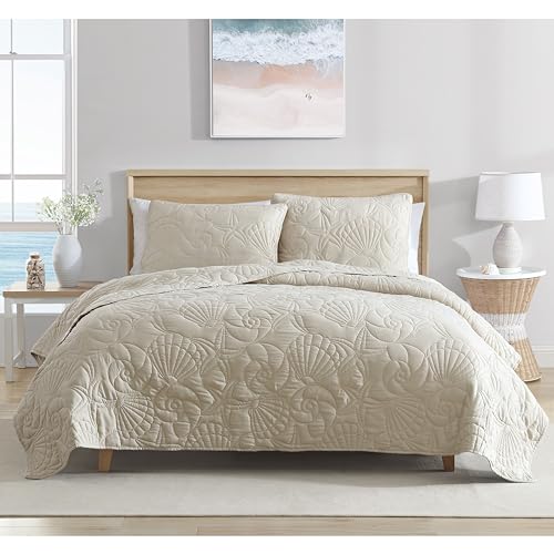 CARIBBEAN JOE Twin Outlined Shell 2-Piece Quilt Set, Coastal Beach Design Bedding, Sand