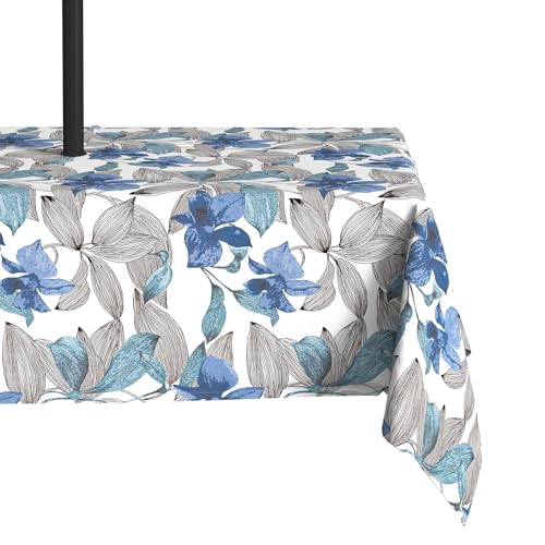 LVTXIII Outdoor Tablecloth with Umbrella Hole and Zipper, 60 x 84 Inch Water-Repellent Patio Table Cloth, Rectangle Table Covers for Backyard Garden, Clemens Noir Blue