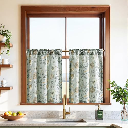 "Leeva Cafe Curtains 36 Inch Length, Farmhouse Style Light-Filtering Bedroom Half Curtains for Windows, Floral Print on Grey, 2 Panels of 30"" x 36"""