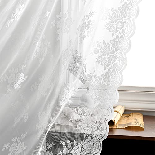 Kotile White Lace Curtains, 45 Inch Length, Short Vintage Curtains for Kitchen Windows, Country Floral Lace, Sheer Rod Pocket, 52 x 45 Inch, 2 Panels