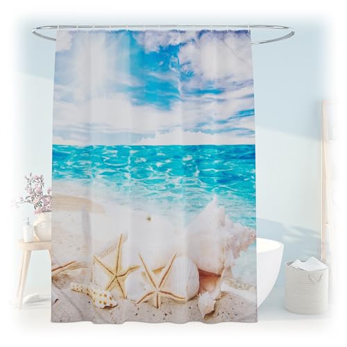 Relaxdays Shower Curtain, Seashells, 180 x 200 cm, Mould Resistant, Washable, 12 Rings, for Bathtub, Multicoloured