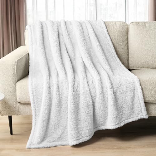 PAVILIA Plush Sherpa Throw Blanket for Couch Sofa - Soft Fluffy Shaggy Fleece Blanket - Fuzzy, Cozy, Warm Microfiber Throw Solid Blanket, White, 60x80, Twin Bed