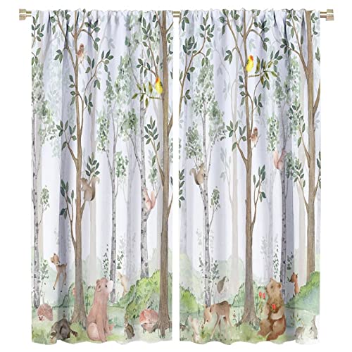 SHElifestyle Kids Watercolor Woodland Animal Window Curtains, Bear Deer Squirrel Hedgehog Fox Birds Green Forest Blackout Rod Pocket Treatment for Boys Girls Bedroom 42x45in