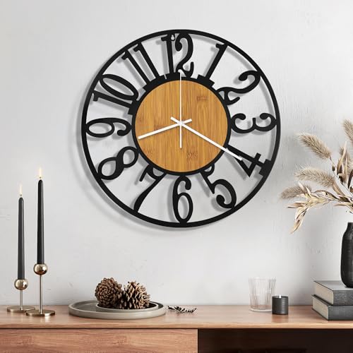 Maxstar Wall Clock Battery Operated,Silent Non-ticking Modern Rustic Metal Round Clocks Small for Living Room/Bedroom/Office/Kitchen/Farmhouse Home Decor-14 Inch(Yellow-Wood)