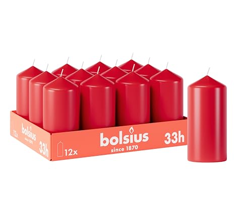 Bolsius Smooth Pillar Candles - Red - Pack of 12-12 x 6 cm - Decorative Household Candles - Burn Time 33 Hours - Unscented - Contains Natural Plant Wax - Without Palm Oil