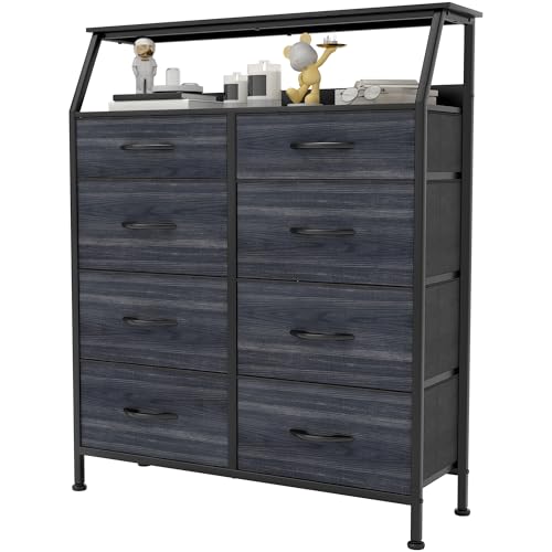 YITAHOME Chest of Drawers with 8 Drawers, Fabric Drawers Cabinet with Shelves,Easy Pull Handle,Sturdy Steel Frame,Storage Drawers for Bedroom, Closet,Charcoal Black Wood Grain