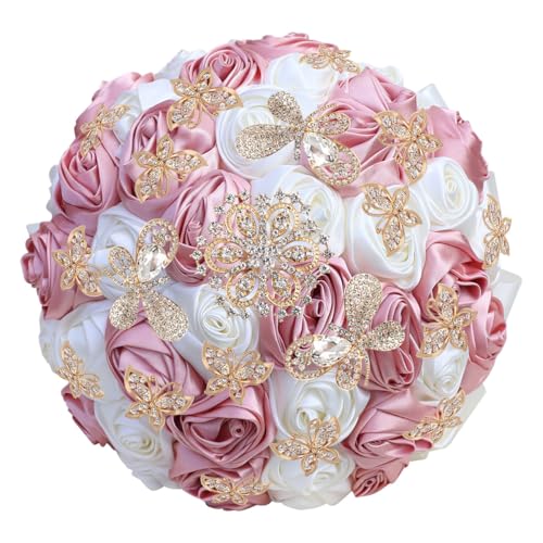 "Mhojpik Handmade Wedding Flowers Bouquet Round Holding Bridal Bouquet Toss Artificial Rose Bunch for Bride Bridesmaid Wedding Quinceanera (Blush & Ivory, 6.3"")"