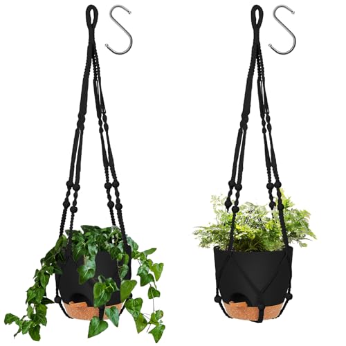 GARDIFE 8 inch Hanging Planters with Mcreme Plant Hanger for Indoor and Outdoor Plants, 2 Pack Large Self Watering Hanging Plant Pot with Basket Flower Pot with Drainage Hole (Black)