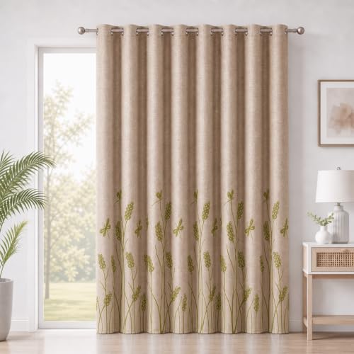"Melodieux Wheat Embroidery Extra Wide Curtain for Living Room Patio Sliding Door, Rustic Floral Patterned Room Darkening Linen Textured Grommet Drape, Green Wheat/Beige, 100"" W x 96"" L, 1 Panel"