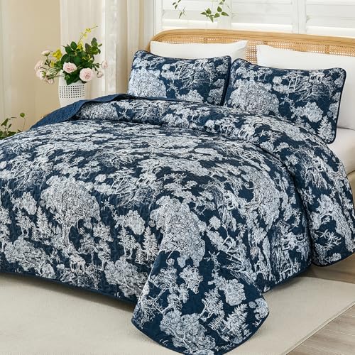 "WONGS BEDDING Quilt Set Queen Size,3 Pieces Navy Blue Floral Plants Printed Bedspread Coverlet Set Soft Lightweight Toile Botanical Bedding Set for All Season (96""x90"")"