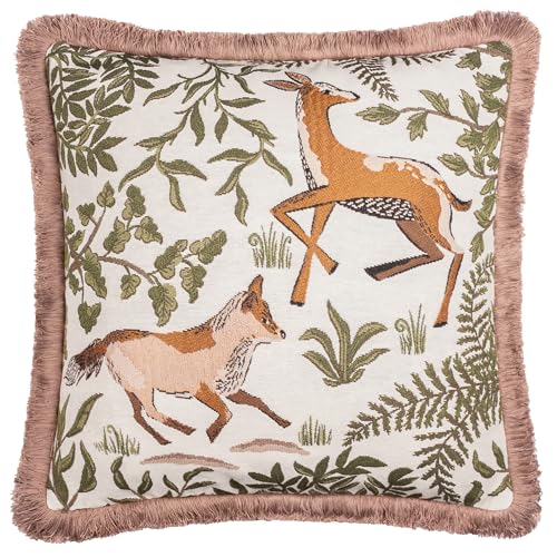 furn. Wylder Fable Fox and Deer Feather Filled Cushion – Embroidered Woodland Forest Fringe Trim Decorative Pillow (Willow Green – 45x45cm)