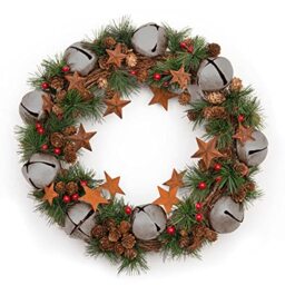 40cm Christmas Wreath with Silver Jingle Bells Stars Pine Cones Berries Leaves for Outdoor Xmas Home Office Mantelpiece Decorations