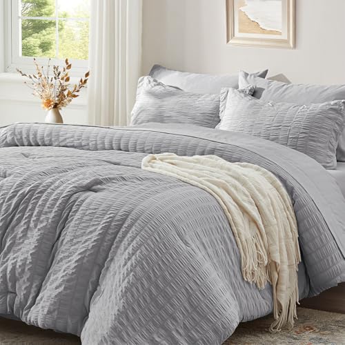 Queen Comforter Set 7 Piece, Light Grey Bed in a Bag Queen Bedding Sets - Zzlpp Seersucker OEKO-TEX Certified Down Alternative Comforter with Breathable sheets&pillowcases,Lightweight,All Season