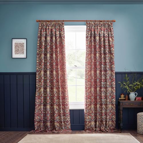 Morris&Co. Strawberry Thief Pencil Pleat Curtain Pair – Iconic Bird & Floral Jacquard Lined Velvet Drapes (Berry - 168x137cm)