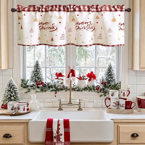 DWCN Christmas Valance for Windows, Red Christmas Tree Rod Pocket Window Valance Curtains for Windows Living Room/Basement 60 x 18 inch Long,1 Panel