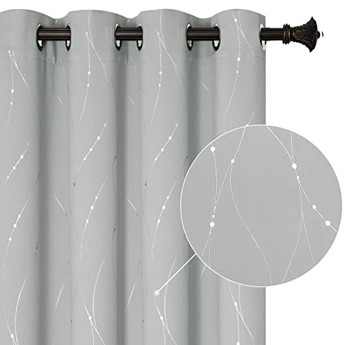 BUHUA Blackout Curtains Foil Print Grommet Drapes, Room Darkening Thermal Insulated Curtains, Noise Reducing Blackout Curtain for Bedroom, Silver Grey, 52Wx84L, 2 Panels