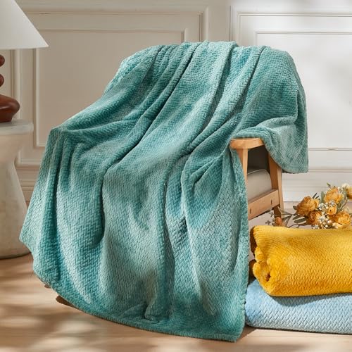 "NEWCOSPLAY Super Soft Throw Blanket Light Teal Premium Silky Flannel Fleece Leaves Pattern Lightweight Bed Blanket All Season Use (Light Teal, Throw(50""x60""))"