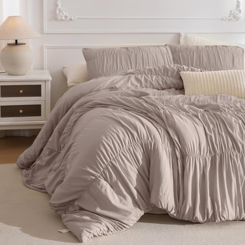 "Masaca Oversized King Comforter(120""x98""),Taupe Ruched Ruffle California King Comforter Set,3 Pieces Lightweight Extra Large Farmhouse Shabby Boho Chic French Country Bedding Set"