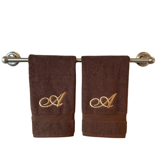 Decorvo Brown Monogrammed Hand Towels for Bathroom - Luxury Hotel Quality Personalized Initial Embroidered Towel for Powder Room, Spa - GOTS Organic Certified - Set of 2 Beige Letter A
