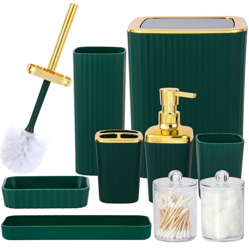 Bathroom Accessory Set,9 Pieces Dark Green Bathroom Accessories Set with Trash Can, Toothbrush Holder, Soap Dispenser, Toothbrush Cup, Vanity Tray, Soap Dish, Toilet Brush, Qtip Holder