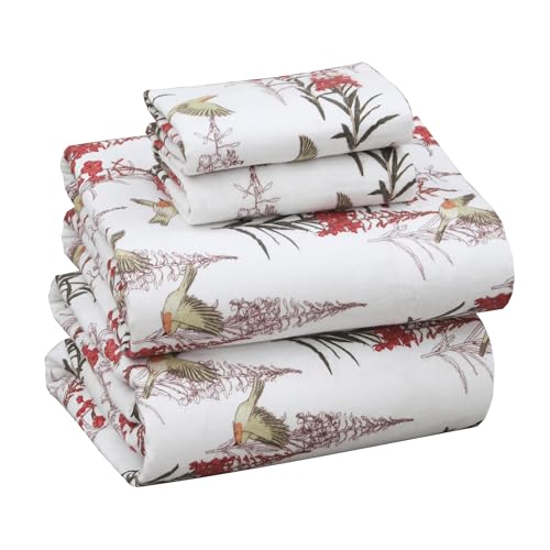 Ruvanti 100% Cotton 4 Piece Flannelette Bedding Set - King - Garden Song - Double Brushed King Sheets Set, Deep Pockets 16 Inches, All Seasons Breathable & Extra Soft, Warm & Cozy Bed Sheet Set