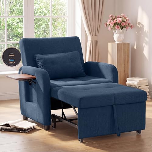 COLAMY Compact Recliner Armchair with USB Port & Side Table, Space Saving Sleeper Chair with Pull-Out Footrest, Adjustable Lounge Sofa Bed Chair for Small Living Room Bedroom Flat,Blue