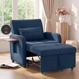 COLAMY Compact Recliner Armchair with USB Port & Side Table, Space Saving Sleeper Chair with Pull-Out Footrest, Adjustable Lounge Sofa Bed Chair for Small Living Room Bedroom Flat,Blue