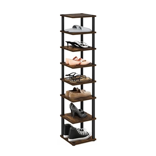 Furinno TURN-N-TUBE Shoe Rack, 8-Tier Shoe Organizer, Free Standing Shoe Storage with Vertical Space Saving Shoe Tower, 11.6 x 11.6 x 52.6, for Closet Entryway, Office, Garage, Amber Pine/Black