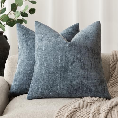 Foindtower Pack of 2 Soft Textured Chenille Throw Decorative Pillow Covers Square Accent Solid Cushion Cover Cozy Neutral Farmhouse Pillow Case for Couch Sofa Bedroom Living Room 26x26 Inch,Blue