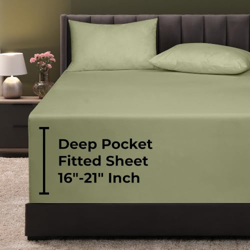 Royale Linens Extra Deep Pocket Full Fitted Sheet Only - Full Size Deep Pocket Sage Green Fitted Sheet - Fits 18 to 24 inch Thick Mattress - Soft & Breathable Elastic Sheets (54x75 Inches, Sage Green)