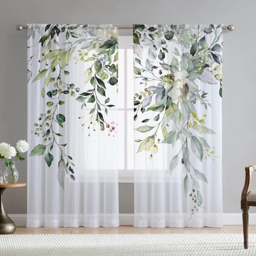 Fereyis Green Eucalyptus Leaves Curtains for Living Room 63 inch Length 2 Panels Set Elegant Wild Flower Floral Spring Printed Window Curtain Natural Sheer Chiffon Drapes for Bedroom