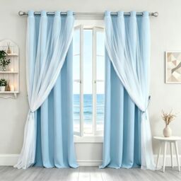 SOFJAGETQ Light Blue Blackout Curtains 84 inch Length - Double Layers Blue Romantic Curtains with Sheer Overlay, Window Curtains & Drapes for Kids/Girls/Boys Bedroom Living Room Nursery, 2 PCs