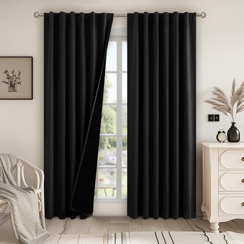 BGment Black 100% Blackout Curtains 84 Inches Long with Thermal Insulated Liner, Rod Pocket and Back Tab Double Layer Full Room Darkening Window Curtain for Bedroom, 2 Panels, Each 52 x 84 Inch