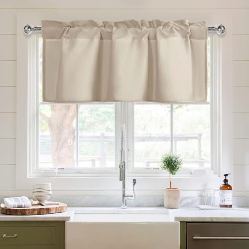 XWZO Kitchen Valances Curtains for Windows Living Room Bedroom Bathroom Toppers Farmhouse Style Rustic Dinning Room Blackout Thermal Insulated Rod Pocket, W42 x L18 Inch Length, Beige, 1 Panel.